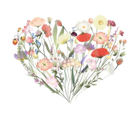 Watercolor Floral Heart Of Wildflowers And Meadow Plants Stock