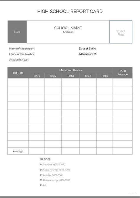 Blank High School Report Card Template Cards Design Templates