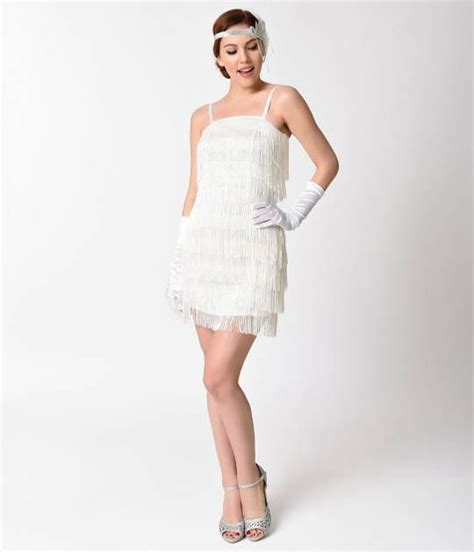 unique vintage 1920s white speakeasy tiered fringe flapper dress white flapper dress vintage