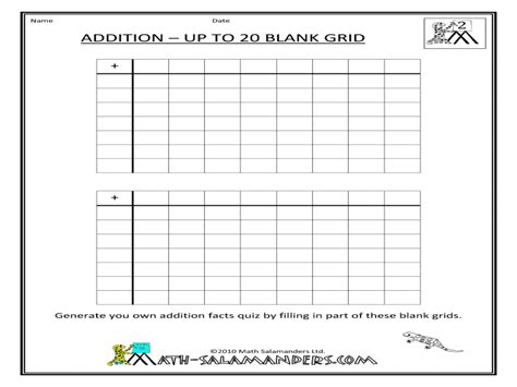 Addition Up To 20 Blank Grid Worksheet For 1st 2nd Grade Lesson Planet