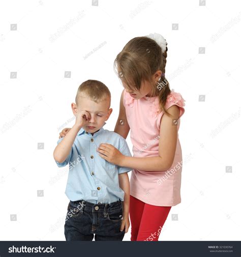 Girl Comforts Crying Little Boy Isolated Stock Photo