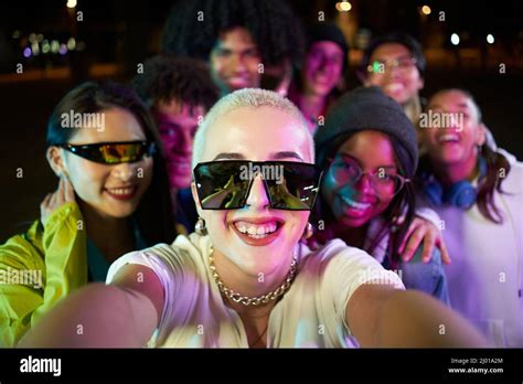 Multiracial Group Of People Taking A Selfie In A Disco Party Happy Friends Having Fun Together