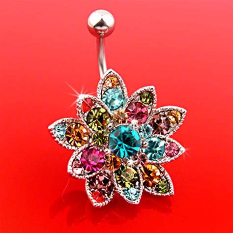 New Stainless Steel Rhinestone Flower Crystal Belly Navel Button Bar