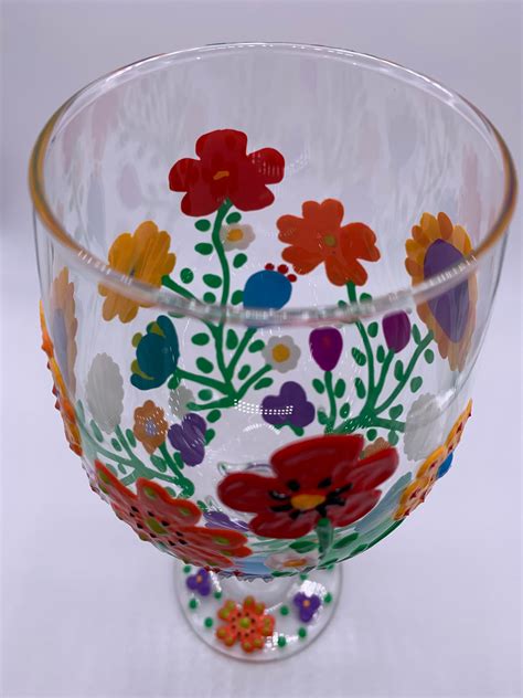 Hand Painted 20 Oz Wine Glasses With Whimsical Garden Designs Etsy