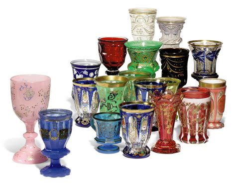 Nineteen Bohemian Glass Beakers Goblets And Cups Mid Late 19th