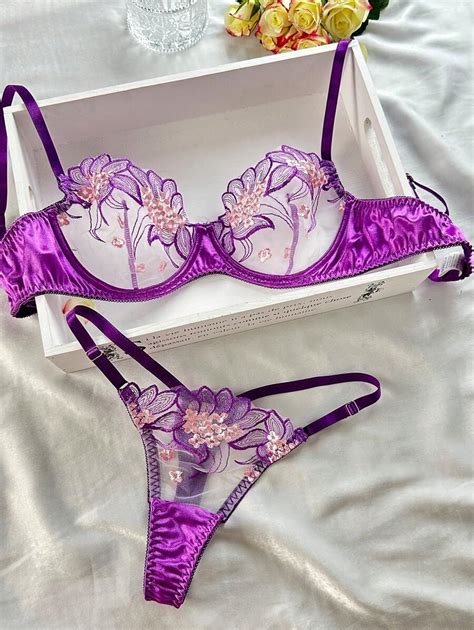 Floral Embroidery Mesh Underwire Lingerie Set Shein Usa