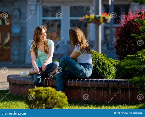 Two Girls Girlfriends Sit In The Park Stock Image Image Of Enjoying Girlfriends 176721387