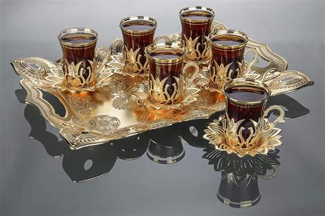 LaModaHome Golden Tea Set Of 6 And Tray Includes 6 Glasses 6 Saucers