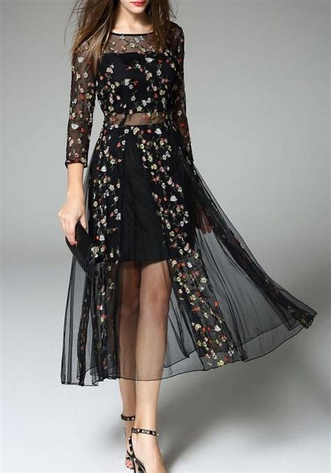 Black Floral Embroidery Grenadine Round Neck Maxi Dress Sheer