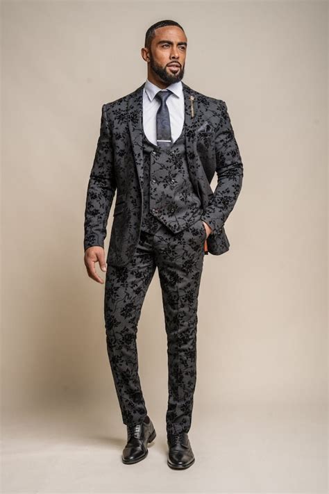 Mens 3 Piece Black Floral Fashion Dinner Suit Bespoke Premium Etsy