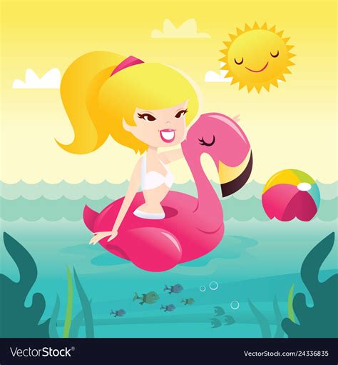 Cartoon Retro Happy Bikini Girl On Flamingo Pool Vector Image My XXX Hot Girl