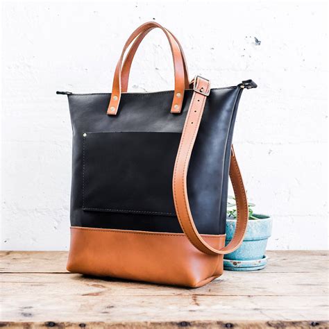 Black And Saddle Zipper Tall Tote With Tan Handles Leather Crossbody