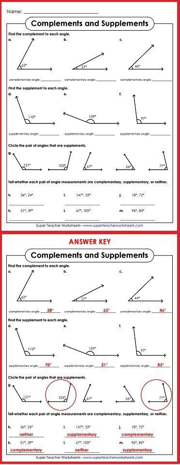 Identifying Complementary And Supplementary Angles Worksheet Martin
