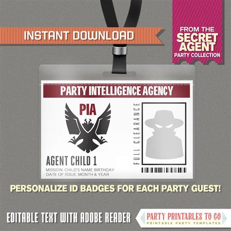 Secret Agent Badge Spy Birthday Party Instant Download Secret