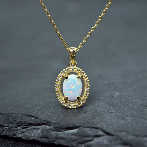 Opal Pendant Necklace In K Solid Gold Opal Jewelry Zircon Etsy