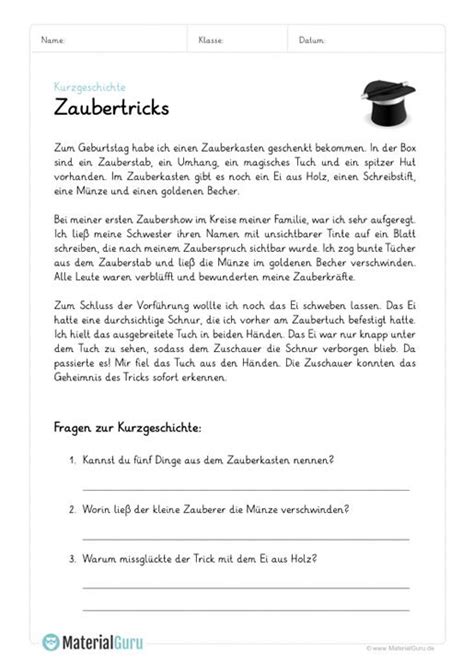 Klasse mit fragen,lesetext mit fragen 5. Arbeitsblatt: Kurzgeschichte mit Fragen - Zaubertricks ...