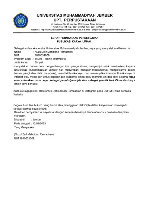 Surat Pernyataan Persetujuan Universitas Muhammadiyah Jember Upt