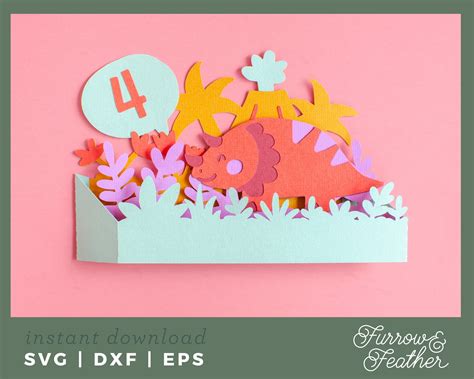 Dinosaur Pop Up Box Birthday Card Template 3d Papercut Svg Etsy