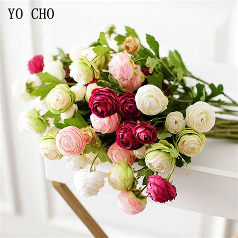 yo cho 3 heads branch rose artificial flowers pink white silk peonies