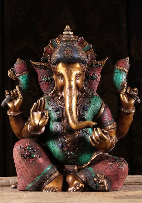 Brass Ganesh Statue In Abhaya Mudra With Trident Tilak On Trunk