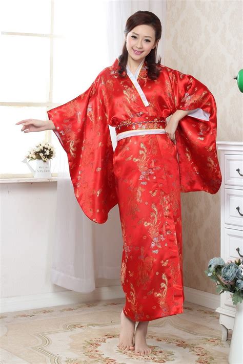 Vintage Rouge Traditionnelle Japonaise Femmes De Soie Kimono Imprimé