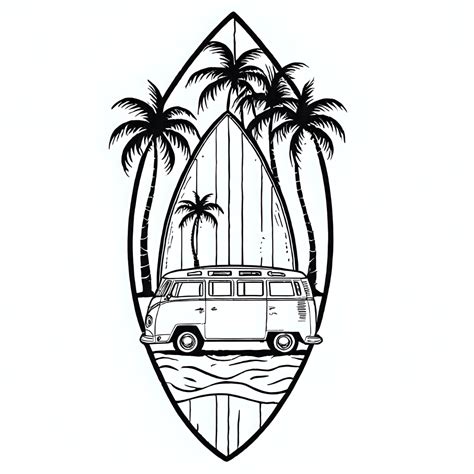 Picture Of A Combi Car And Coconut Trees On A Surfboard Black And White Background High