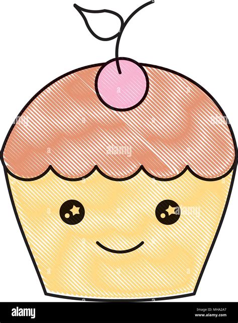 Kawaii Cupcake Sweet Cartoon Character Vector Illustration Drawing
