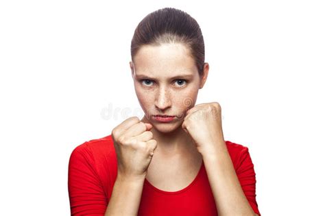 Emotional Woman With Red T Shirt And Freckles Stock Image Image Of