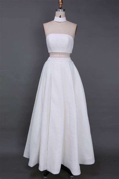 A Line Two Piece Lace White Prom Dresses High Slit Long Cheap Evening Dresses On Sale