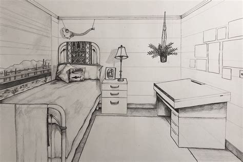 My Bedroom 1 Point Perspective Drawing By Chloe Condie Room