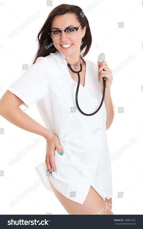 Sexy Nurse With Stethoscope Female Doctor Isolated Over A White