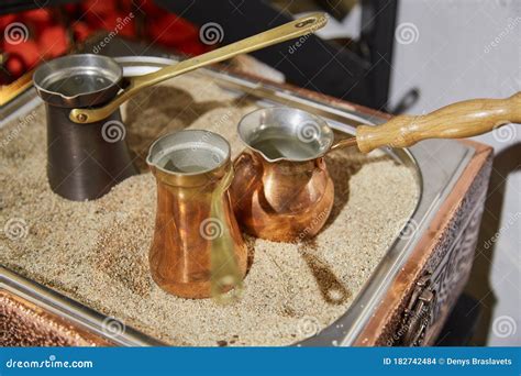 Assortment Of Copper Cezve For Making Turkish Coffee Stock Photo