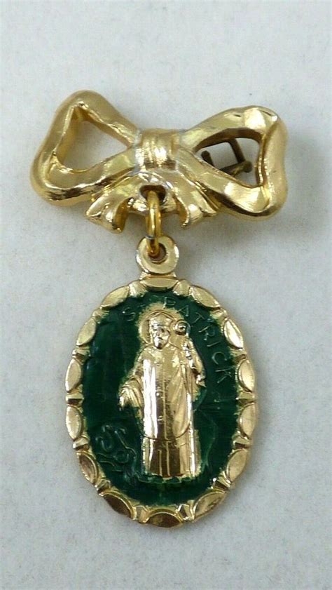 Vintage St Patrick Medal Brooch Pin With Bow Green Enamel Gold Tone