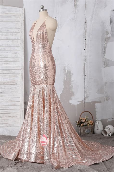 Rose Gold Sequin Halter Neck Backless Mermaid Prom Dress Lunss