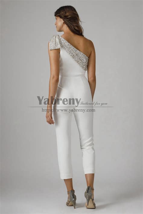 Chic One Shoulder Wedding Jumpsuit With Detachable Overskirt Wedding