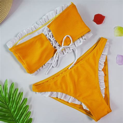 Smocked Ruffles Bandeau Orange Bikini Set 2019 Lace Up Sexy Bandage