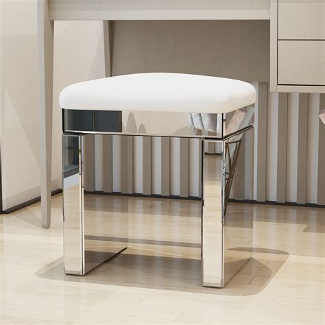 Mirrored Glass Stool With White Faux Leather For Dressing Table Furniture Ebay