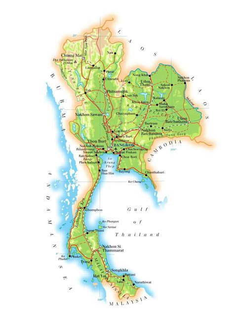 Detailed Elevation Map Of Thailand With Roads Railroads Major Cities