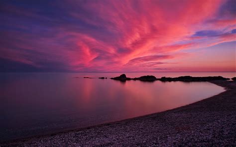 Download Wallpaper 3840x2400 Coast Sea Pebbles Stones Sunset