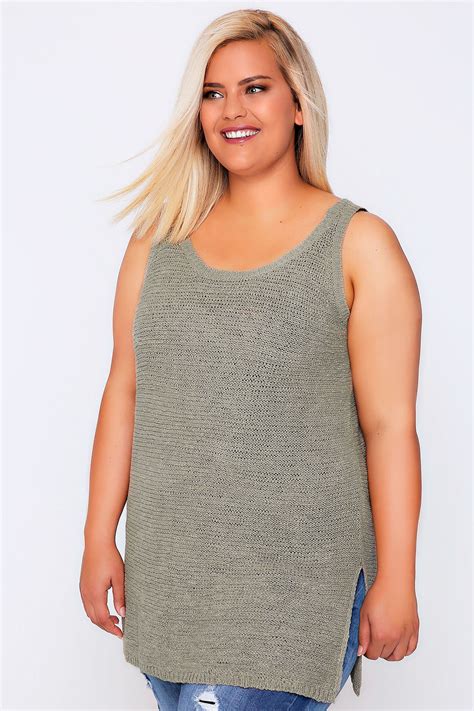 Khaki Knitted Longline Sleeveless Top Plus Size 16 To 32