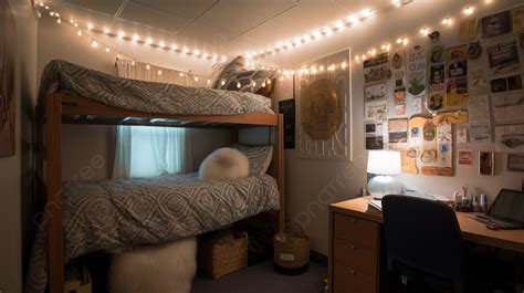 Dorm Room Decorated With String Lights And A Desk And Bunk Beds Background Picture Of Dorm