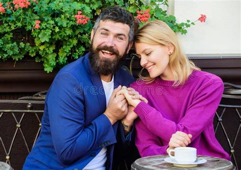 Being In Love Morning Coffee Woman And Man With Beard Relax In Cafe First Meet Of Girl And