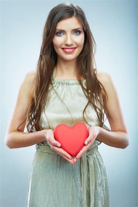 Red Heart Love Symbol Portrait Of Beautiful Woman Hold Valent Stock