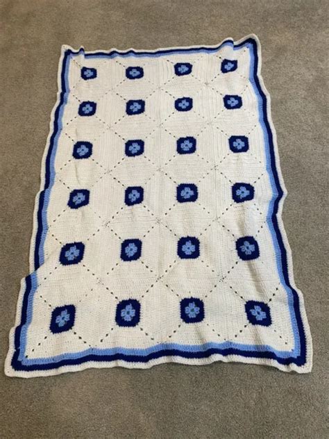 Afghan Granny Square Blanket Crochet Lap Throw Handmade Afghan Blues