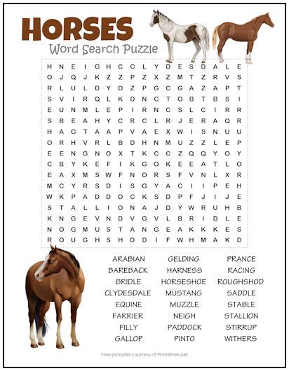 Horses Word Search Puzzle Print It Free