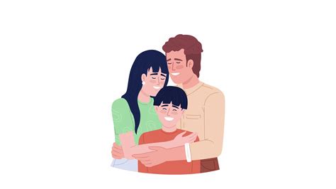 Animated Parents Hugging Child Showing Affection Half Body Flat