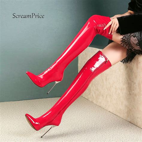 Women Sexy Patent Leather Thigh High Boots Heels Fashion Zipper Pointed Toe Winter Over The Knee