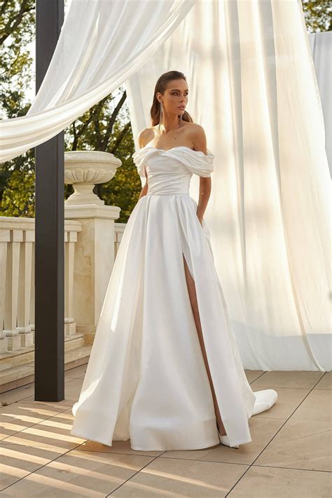 Erin A Line Off The Shoulder Mikado Wedding Gown With Front Split