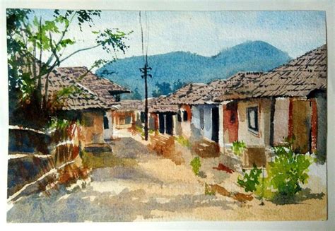 Indian Village By Artist Akash Chavan Watercolor Paintings Modern