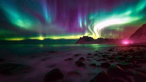 Hd Wallpaper Mountain Aurora Moon Night Northern Lights Landscape